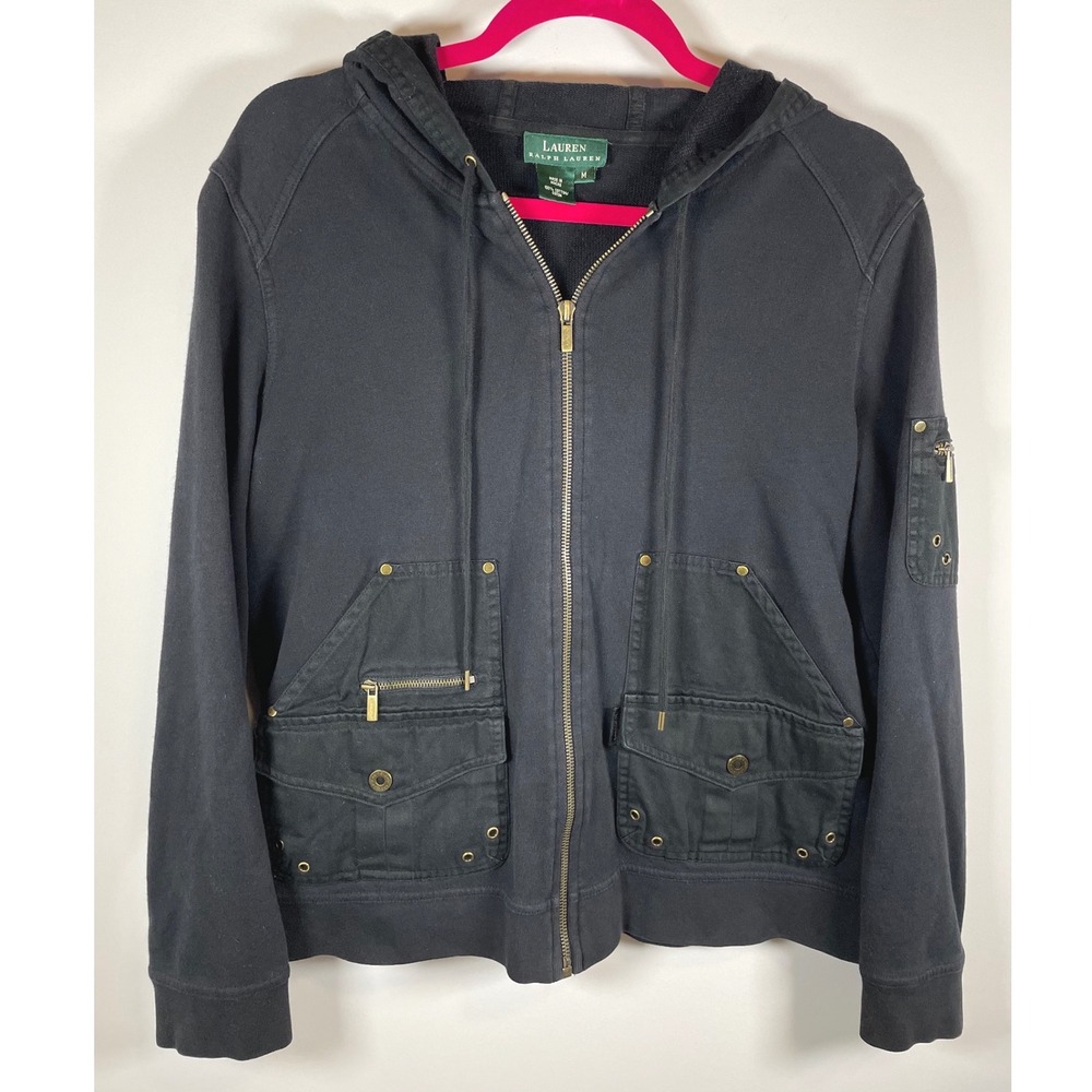 Lauren Ralph Lauren Utility Hoodie Jacket M Black Cargo Military Full Zip
